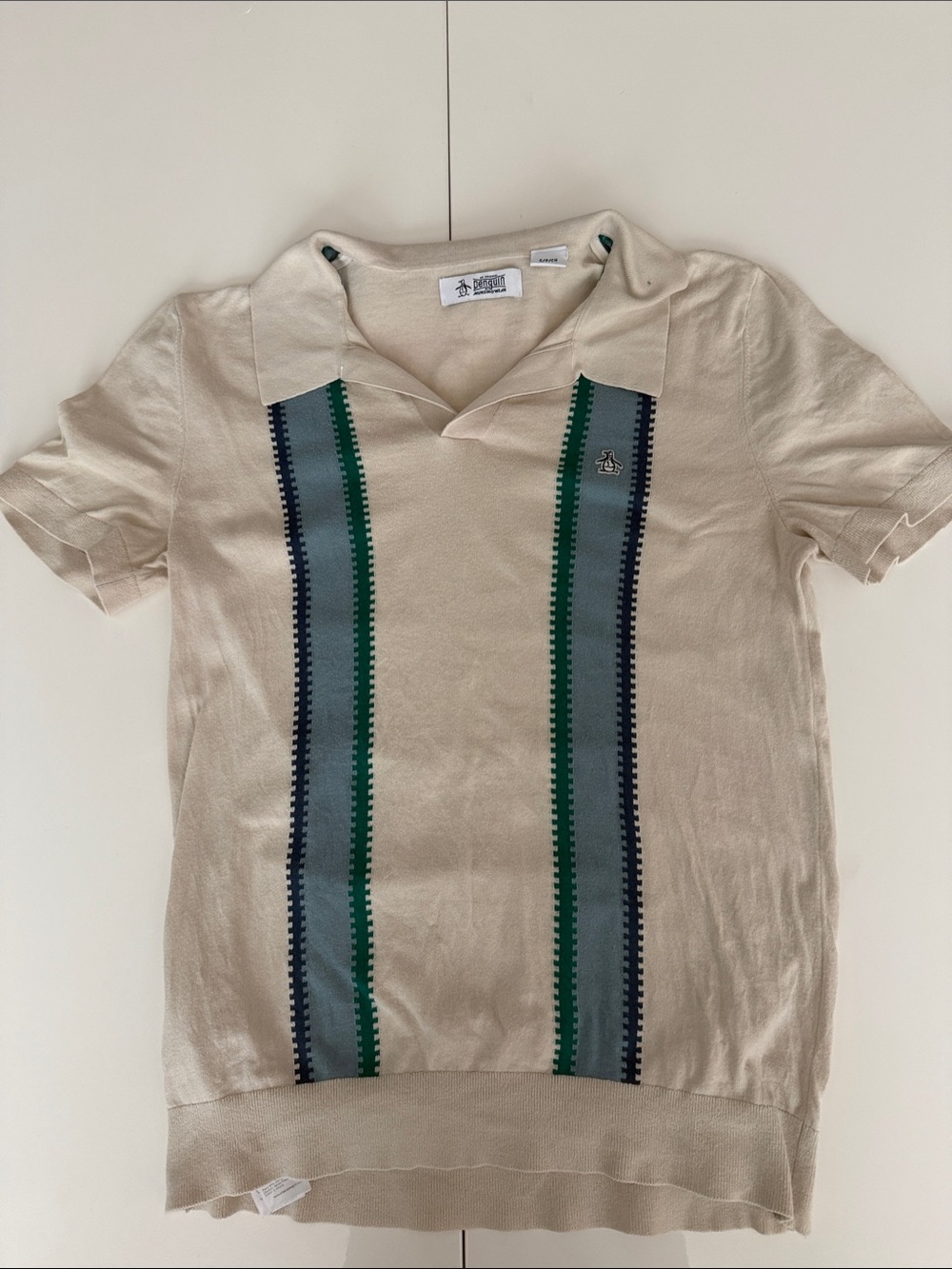 Original Penguin Cream Polo with Green & Blue Stripe Panels